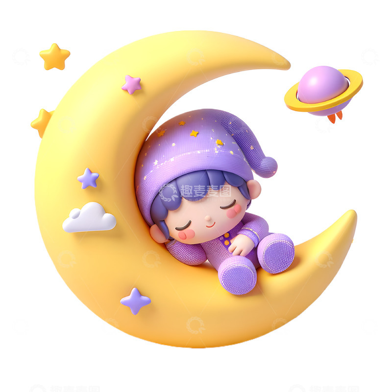 高清大图下载【趣麦麦图】躺在月亮上的卡通3D儿童素材