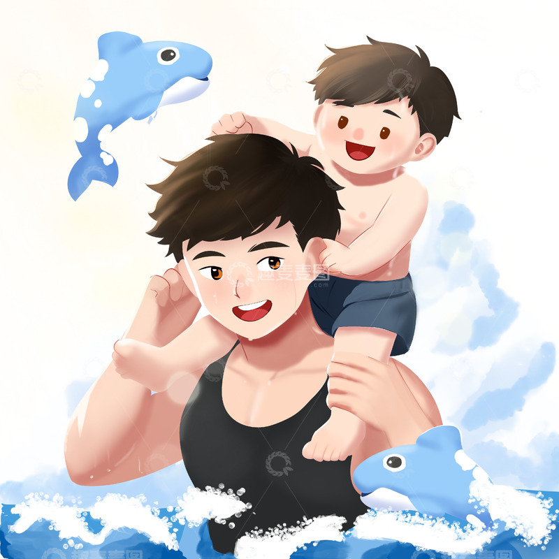 源文件下载【趣麦麦图】父亲节父子海洋游泳