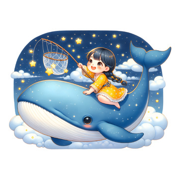 坐在鲸鱼背上的可爱小女孩卡通风格