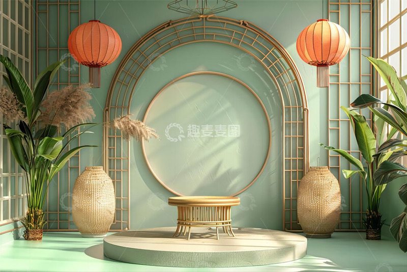 高清大图下载【趣麦麦图】端午3D通用电商室内中式素材背景
