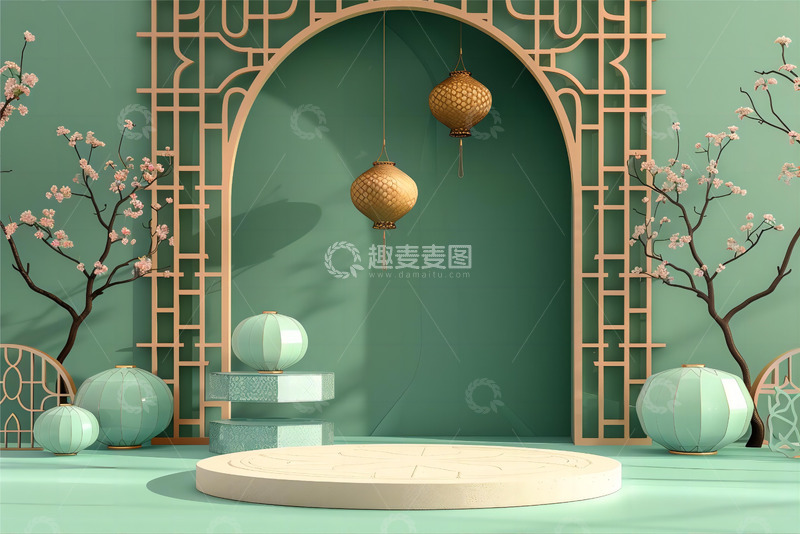 高清大图下载【趣麦麦图】端午绿色通用产品立体展台中式背景