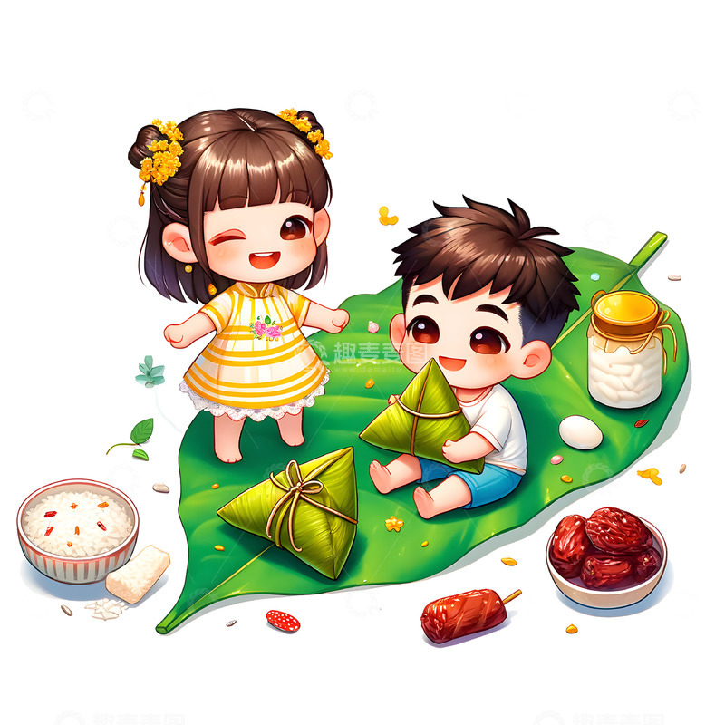 高清大图下载【趣麦麦图】卡通人物包粽子吃粽子场景素材