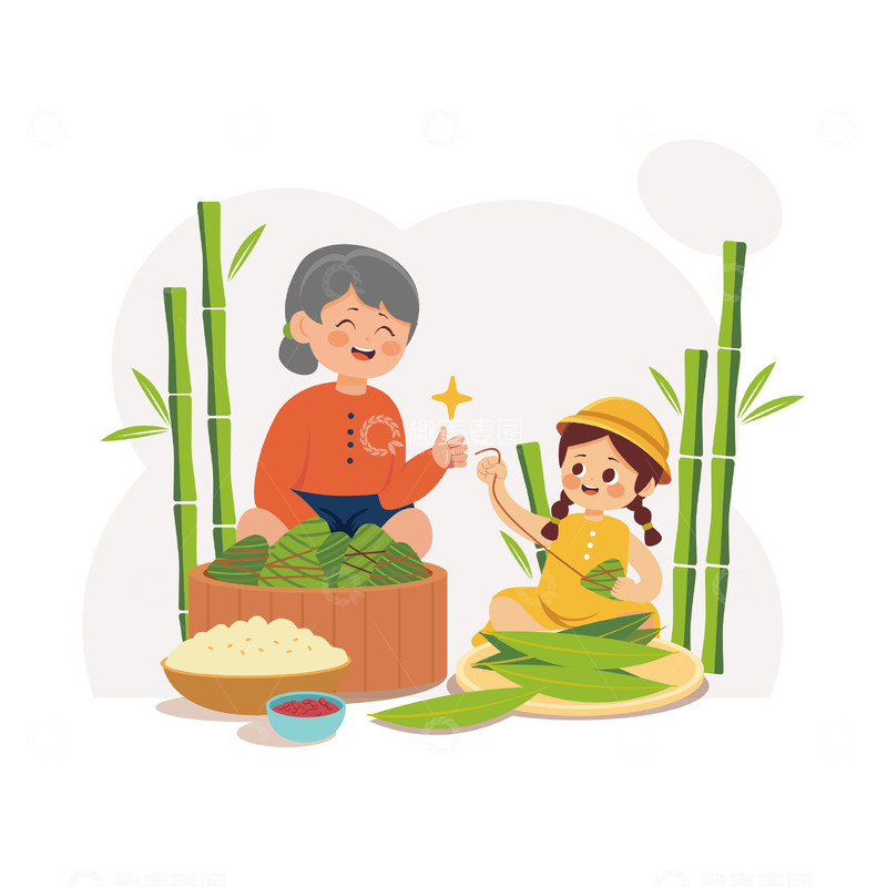 源文件下载【趣麦麦图】包粽子场景家人