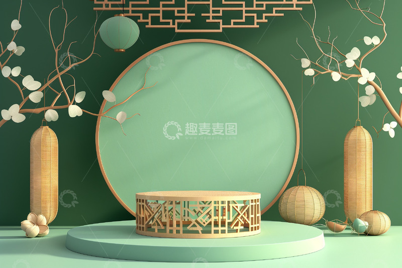 高清大图下载【趣麦麦图】端午节通用3D场景绿色中式电商展台背景