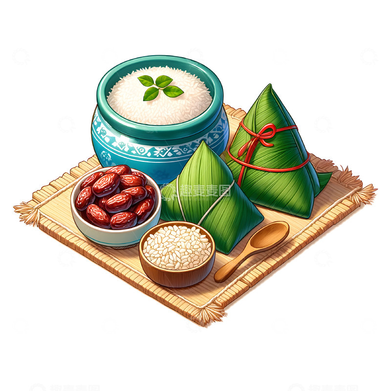 高清大图下载【趣麦麦图】端午节糯米红枣粽子静物插画素材