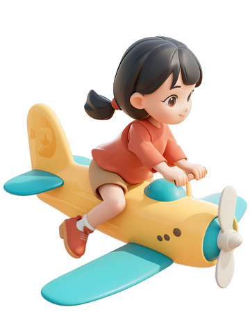 小孩坐在飞机上玩耍玩具女孩