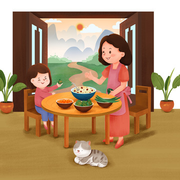 端午妈妈带女儿一起包粽子