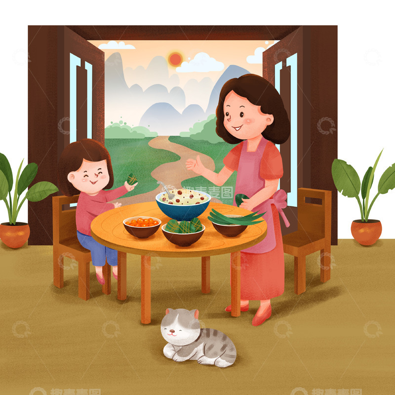 源文件下载【趣麦麦图】端午妈妈带女儿一起包粽子