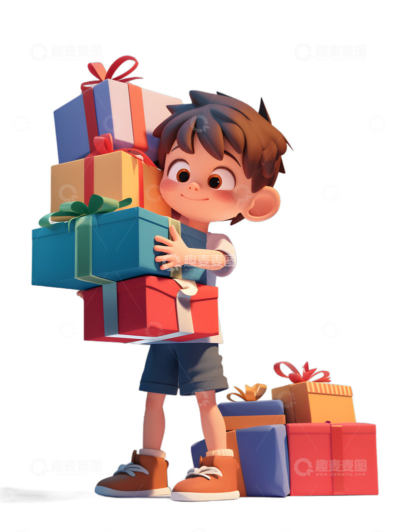 高清大图下载【趣麦麦图】小孩带着很多礼物礼品盒节日