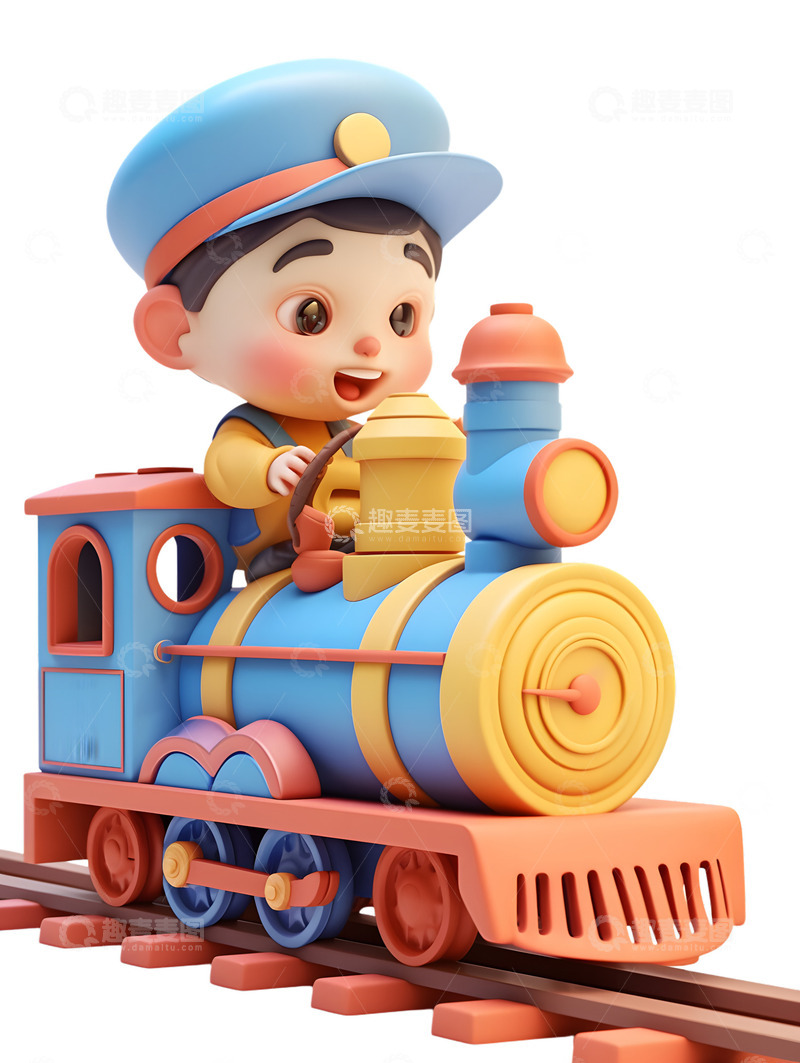 高清大图下载【趣麦麦图】开玩具火车铁路的小朋友男孩司机