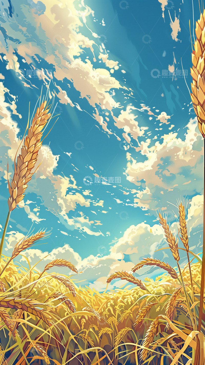 高清大图下载【趣麦麦图】芒种麦穗麦田蓝天白云仰视麦子