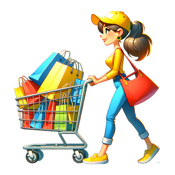 购物节推购物车卡通人物素材