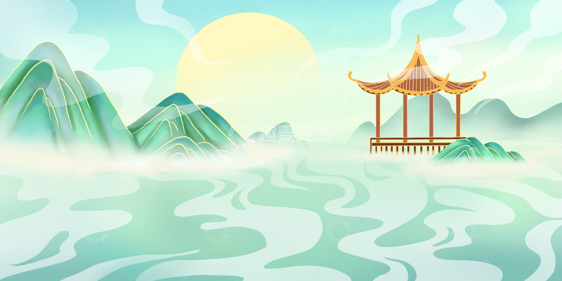 源文件下载【趣麦麦图】国潮中国风古亭青山绿水手绘背景