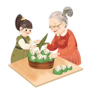 老人和孩子一起包粽子