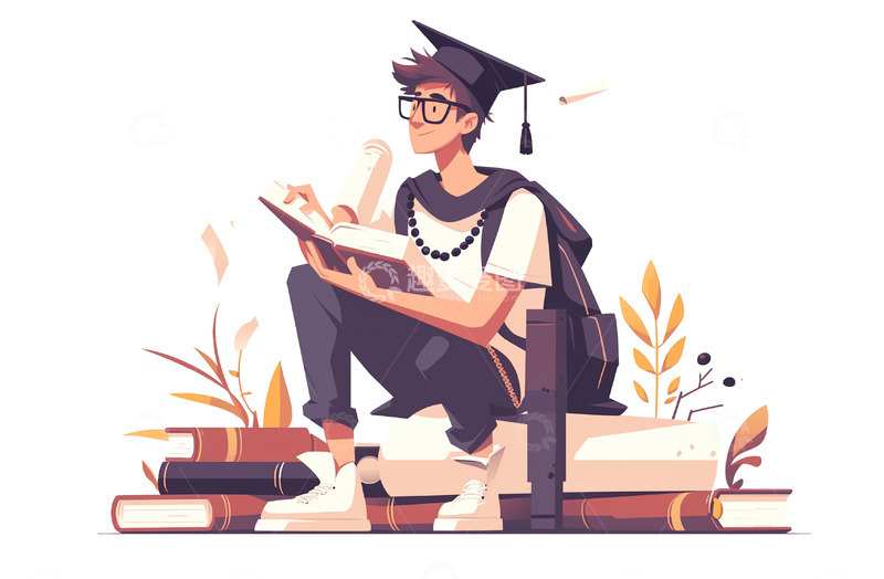 坐在书本上毕业季插画