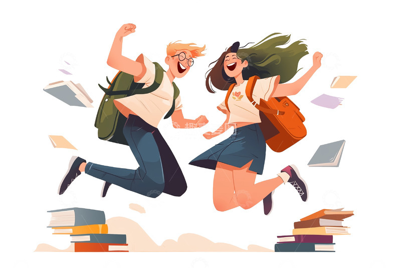 毕业季卡通插画双人跃起
