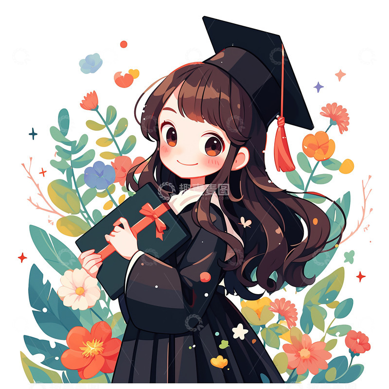 卡通毕业季花丛学生插画