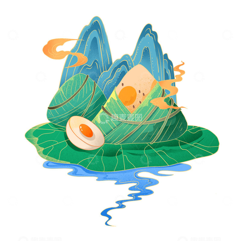 源文件下载【趣麦麦图】手绘国潮山水与端午节粽子免抠元素