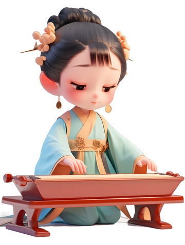 汉服女孩弹古筝Q版