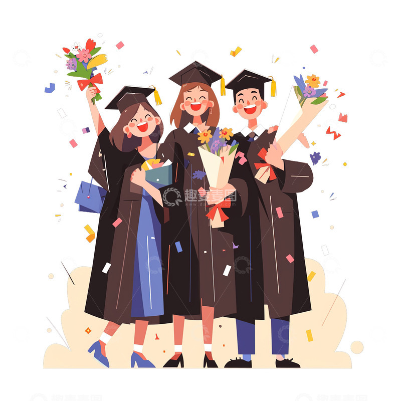 高清大图下载【趣麦麦图】毕业季卡通插画三人