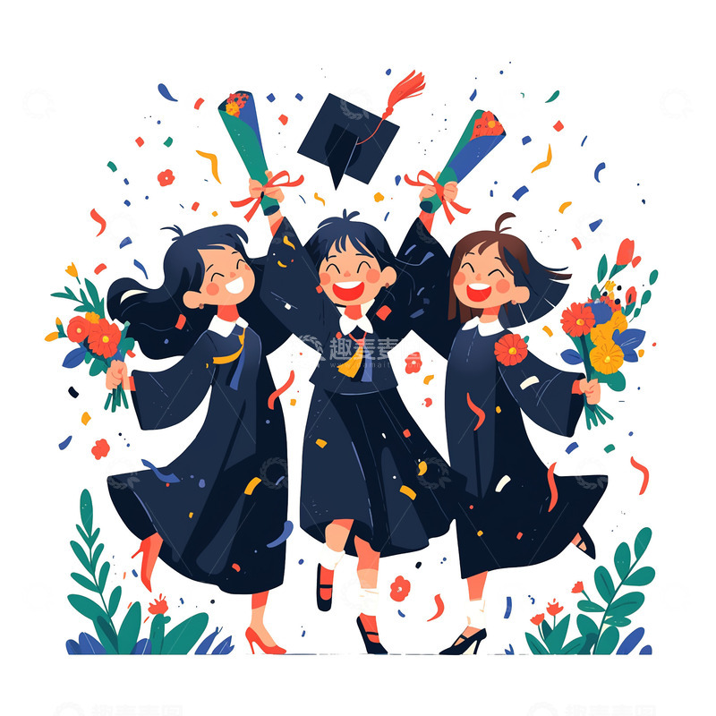 毕业季卡通三人插画