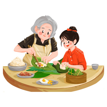 端午节奶奶孙女家人包粽子场景