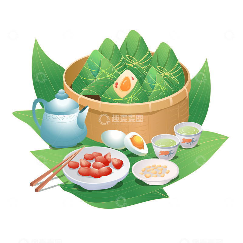 源文件下载【趣麦麦图】绿色国潮风格端午节粽子
