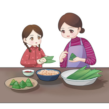 端午包粽子家人
