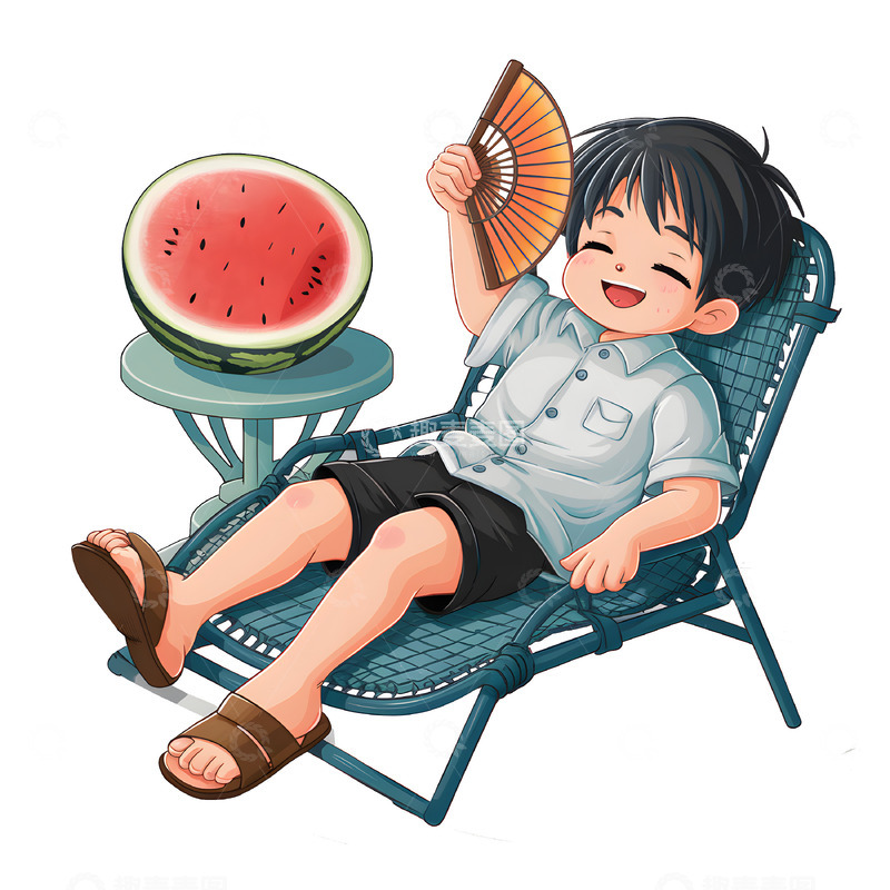 高清大图下载【趣麦麦图】-夏日乘凉场景儿童卡通插画素材