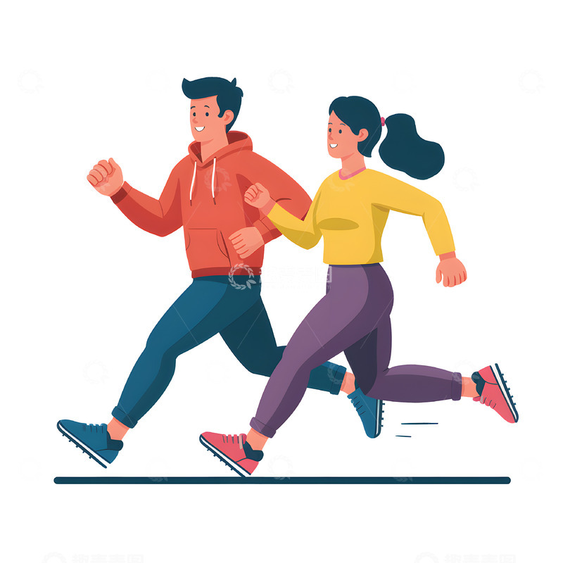两个人一起跑步的扁平风格插画素材