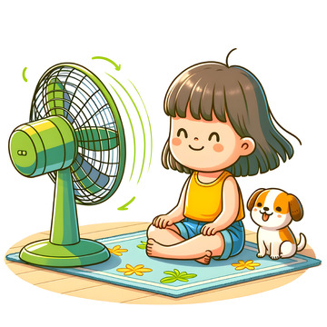 吹电风扇的可爱女孩卡通素材