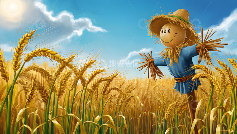 高清大图下载【趣麦麦图】麦田稻草人芒种插画背景