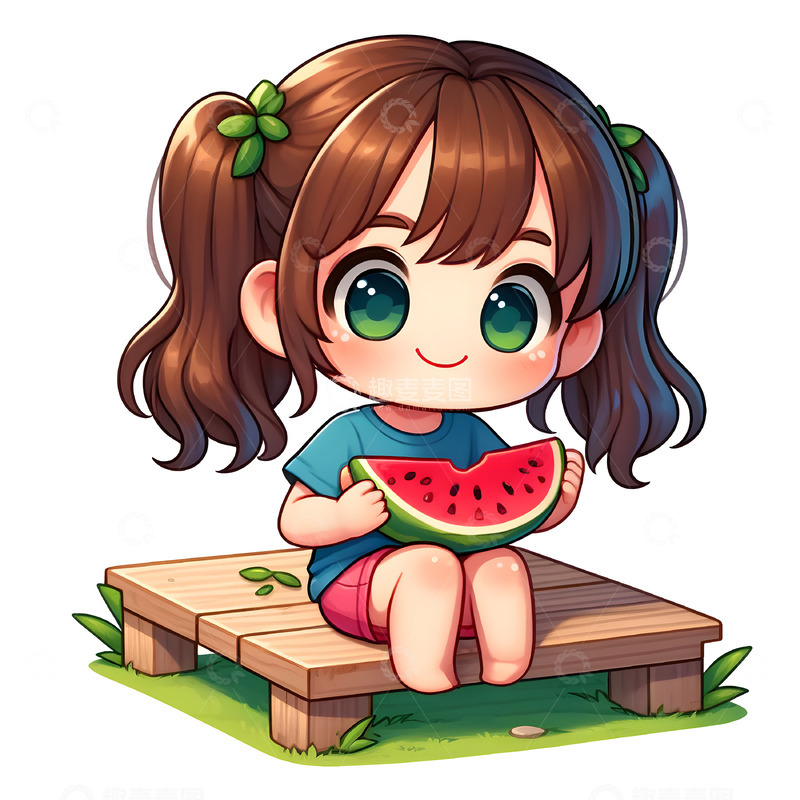 高清大图下载【趣麦麦图】夏日吃西瓜乘凉卡通人物素材