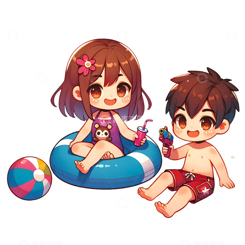 高清大图下载【趣麦麦图】夏日游泳水枪玩耍卡通人物素材