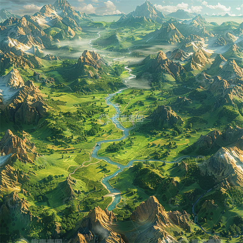 高清大图下载【趣麦麦图】山河湖海 俯视图 插画风格