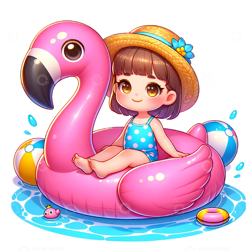 高清大图下载【趣麦麦图】坐在游泳圈上玩耍的可爱卡通小女孩