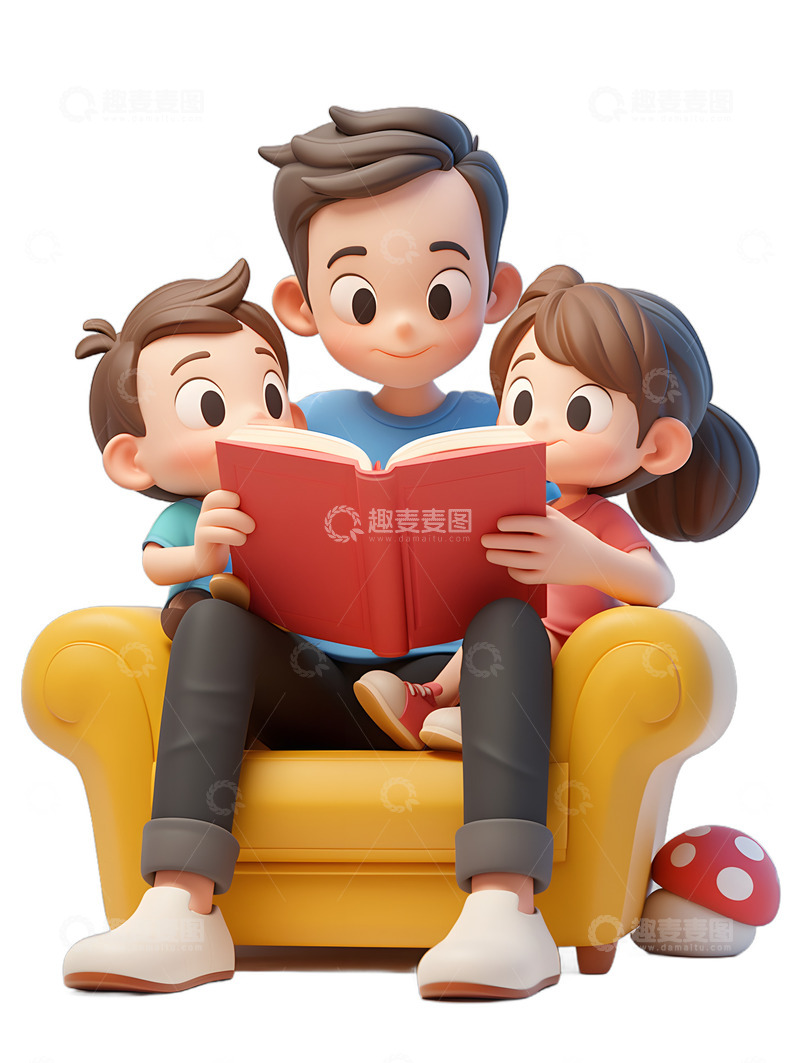 高清大图下载【趣麦麦图】父亲节陪小孩读书的父亲沙发上