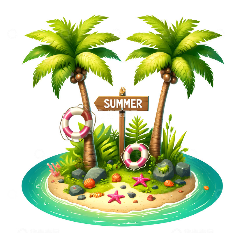 高清大图下载【趣麦麦图】夏季海滩椰子树卡通插画素材