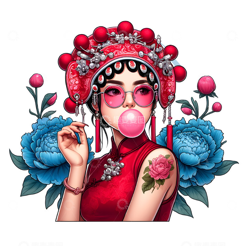 高清大图下载【趣麦麦图】国潮京剧旗袍女人插画素材