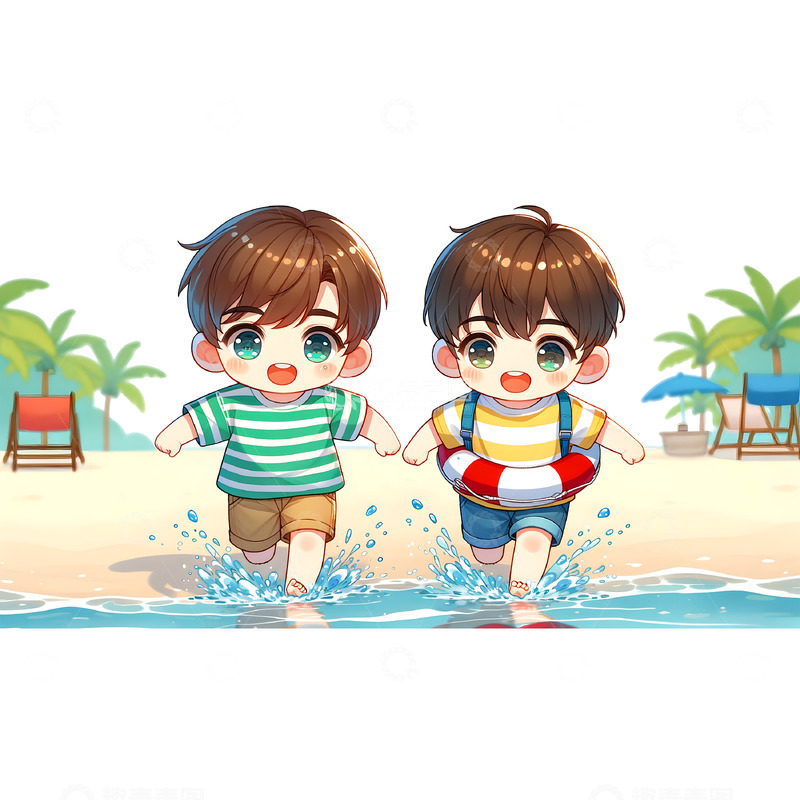 高清大图下载【趣麦麦图】夏日海滩一起玩耍的男孩卡通人物素材