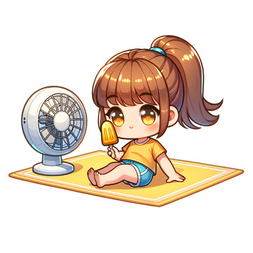 夏日吃冰棍的可爱女孩卡通素材