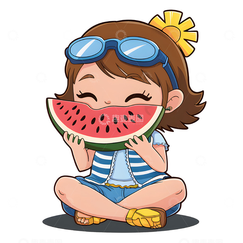 高清大图下载【趣麦麦图】夏日坐在地上吃西瓜的卡通女孩
