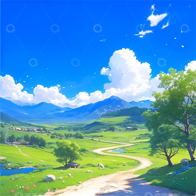 高清大图下载【趣麦麦图】蓝天白云下的山间小路 卡通风格 背景