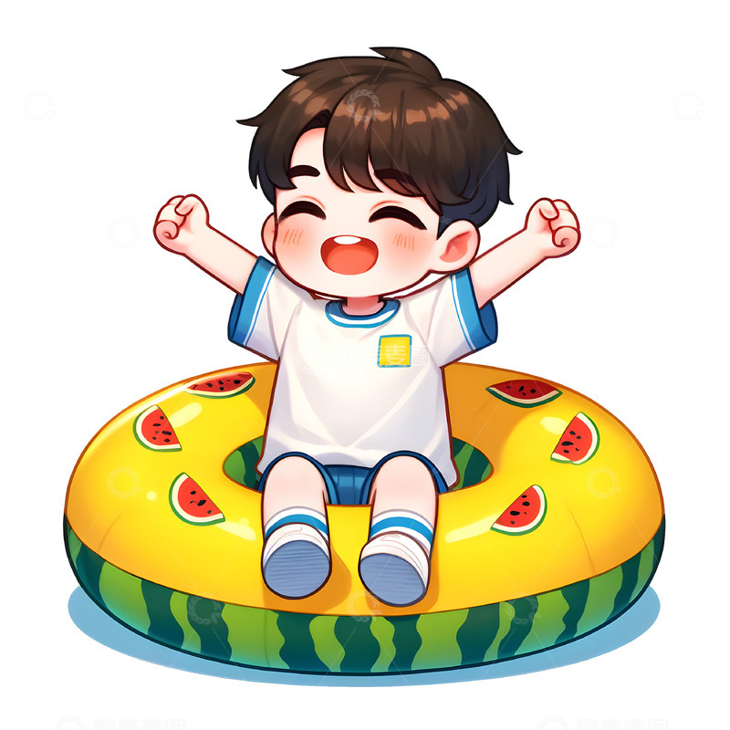 高清大图下载【趣麦麦图】坐在泳圈里玩耍的卡通男孩