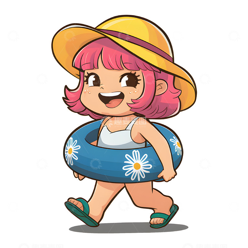 高清大图下载【趣麦麦图】端着游泳圈走路的卡通女孩