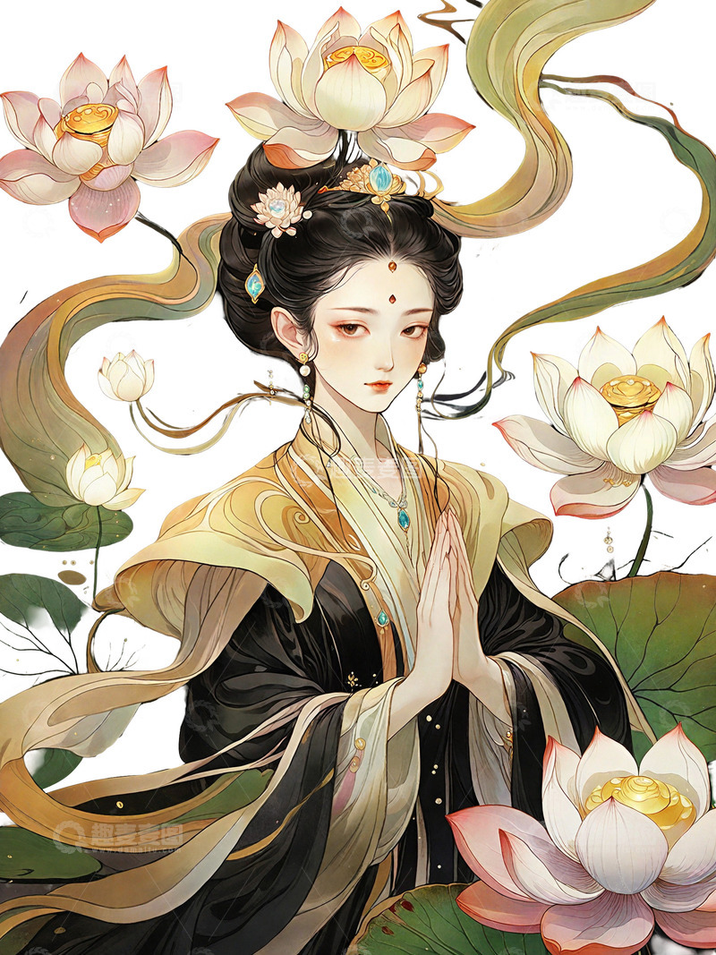 高清大图下载【趣麦麦图】中国美人 莲花 黑色 烟雾 插画
