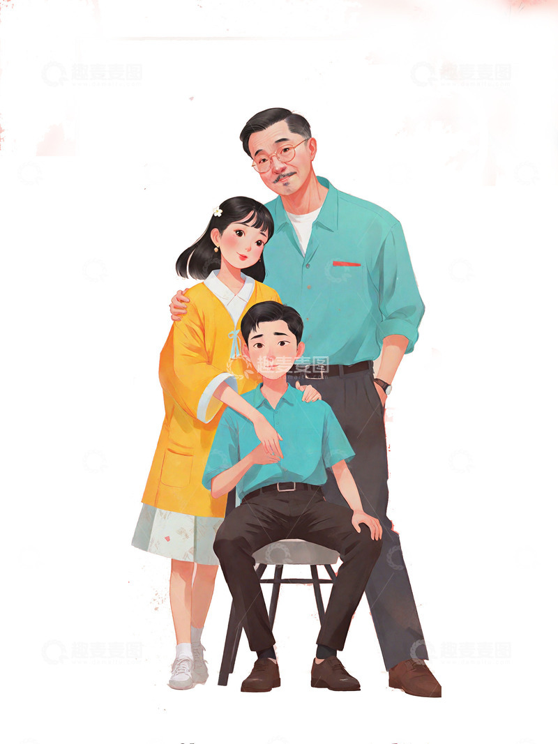 高清大图下载【趣麦麦图】卡通 父亲节 父亲 儿子 女儿 父子