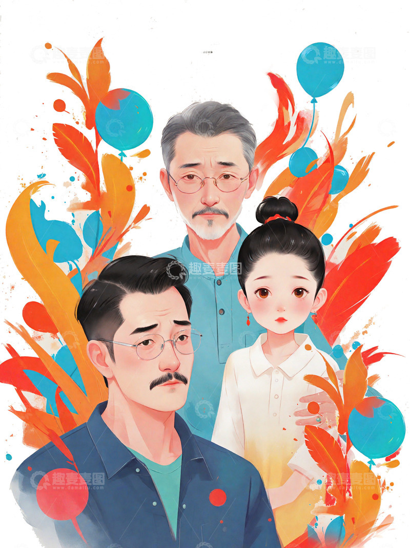 高清大图下载【趣麦麦图】父亲节年迈的父亲女儿卡通扁平风