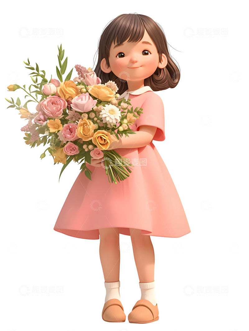 高清大图下载【趣麦麦图】手捧鲜花的小女孩节日
