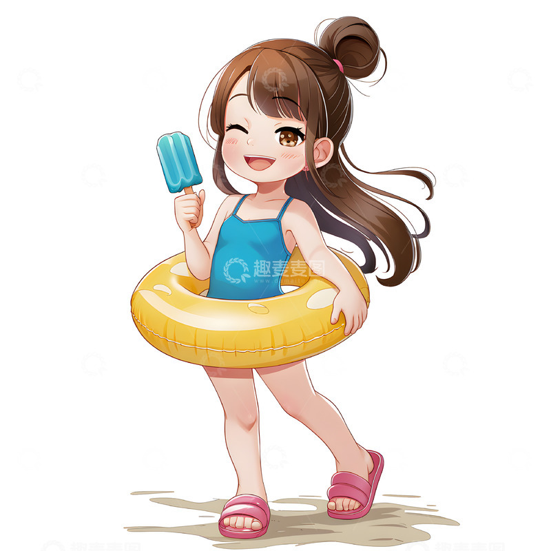 高清大图下载【趣麦麦图】吃冰棍套泳圈的可爱卡通女孩